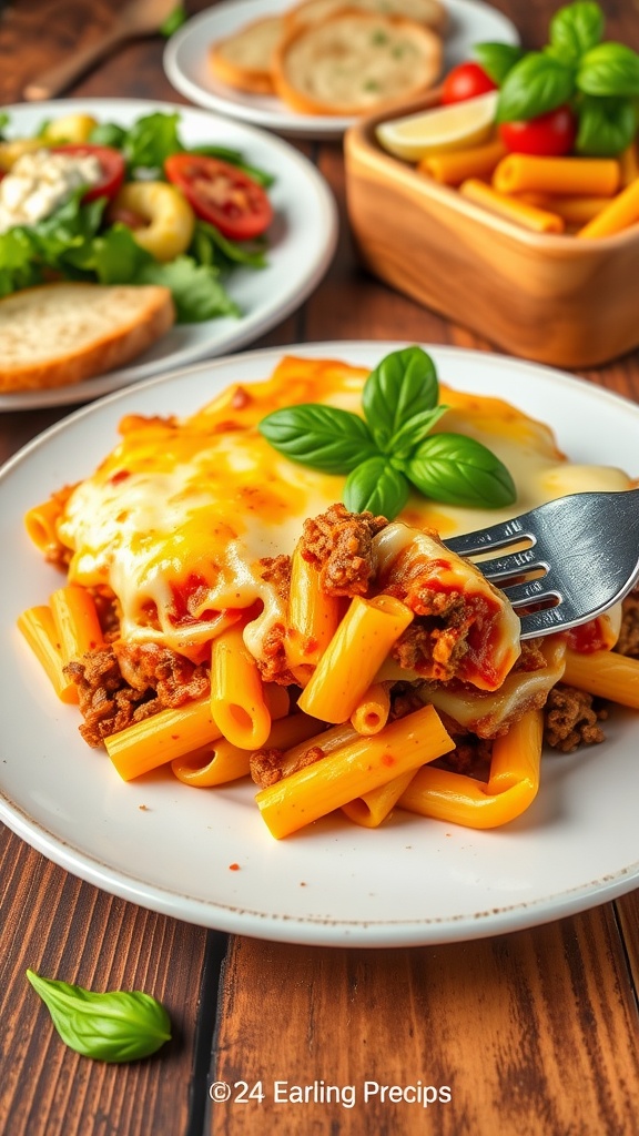 A hearty dish of cheesy baked ziti with ground beef and marinara sauce on a rustic table.